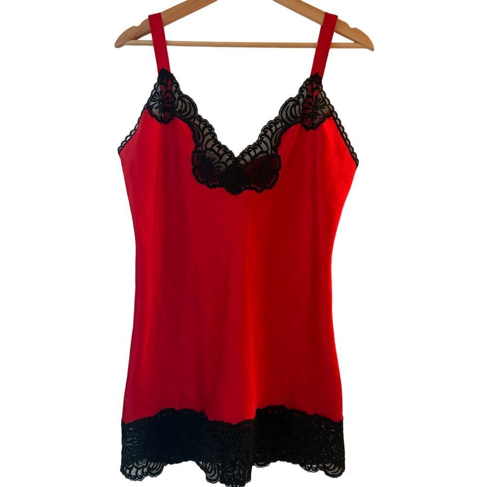VINTAGE Red with Black Lace Lingerie Slip Nightgown | Size M